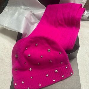 Cashmere Hot Pink Beanie With Rhinestones  and Scarf by Charter Club Luxury NWT